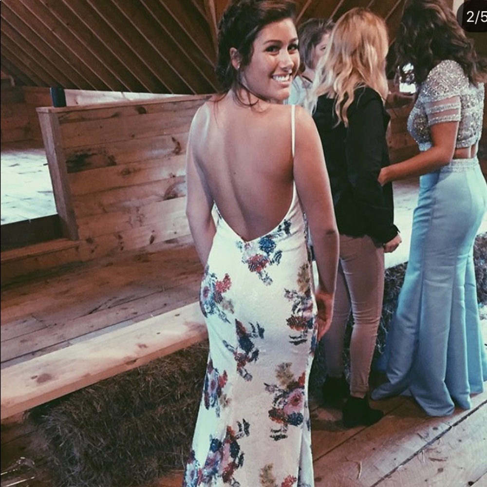 White sequin and floral prom dress